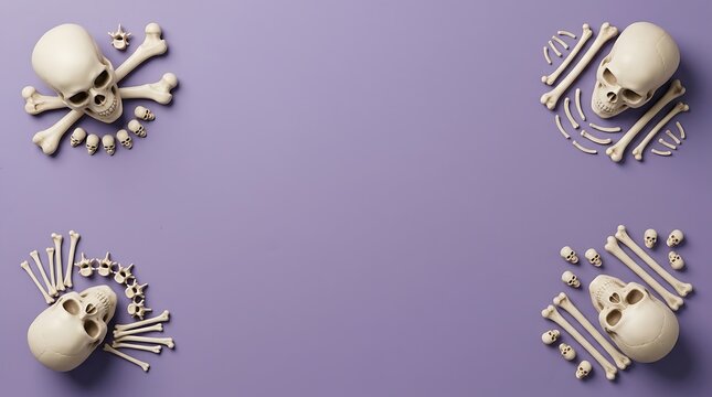Top view of human skulls and various bones arranged in corners on a purple background with copy space for text