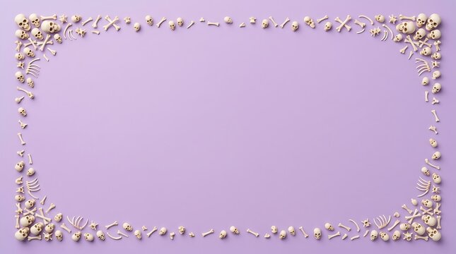 Halloween frame made of miniature skulls and bones arranged in a rectangular border on a purple background with copy space for text