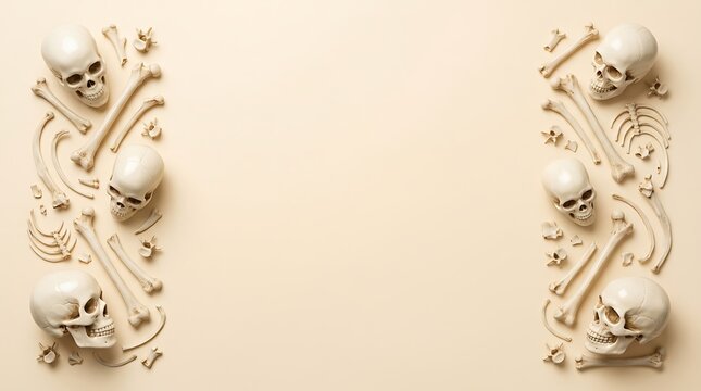 Human skulls and various bones arranged in a border frame on a light beige background, top view with copy space in the center for text