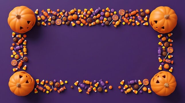 Halloween frame made of pumpkins and assorted candies on a purple background