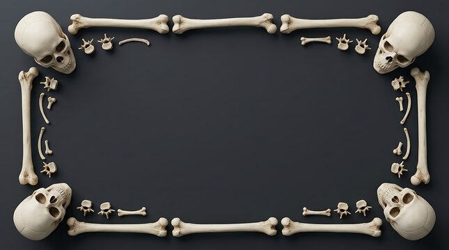 Frame made of human skulls and various bones arranged on a dark grey background, top view with copy space in the center