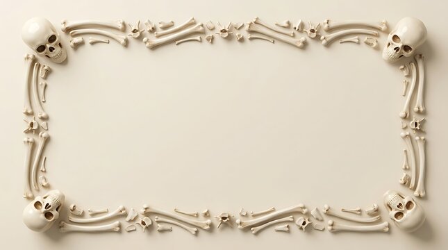 Frame made of human skulls and various bones arranged in a rectangle on a beige background