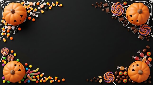 Halloween background with pumpkins, candy corn, lollipops, and sweets arranged in corners on a black surface with spider webs, top view with copy space for text