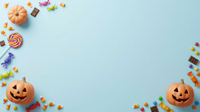 Halloween background with pumpkins, candy corn, lollipops, and chocolate bars arranged on a light blue surface with copy space in the center