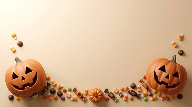 Halloween background with two jackolantern pumpkins and assorted candies arranged at the bottom on a beige surface with copy space for text