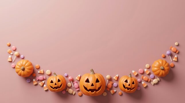 Halloween background with carved pumpkins and assorted candies arranged in a festive arch on a soft pink surface with copy space for seasonal greeting cards and party invitations