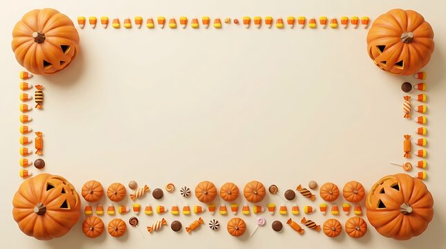 Halloween frame made of pumpkins, candy corn, and assorted candies on a light beige background