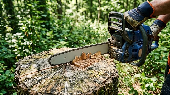 Close up of a professional lumberjack using a chainsaw to cut a large tree stump in the forest