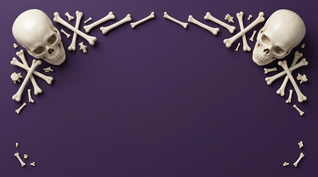 Halloween background with two human skulls and scattered bones arranged as a frame on a dark purple surface