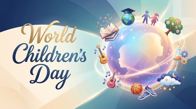 World Children's Day Celebration Banner with Glowing Globe, Education Icons, and Child Silhouettes for Global Unity and Kids Rights Campaign