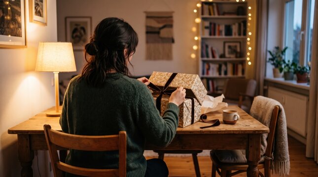 Woman sitting at wooden table wrapping Christmas gift box with patterned paper in cozy living room, warm lamp light and bookshelf creating festive holiday atmosphere