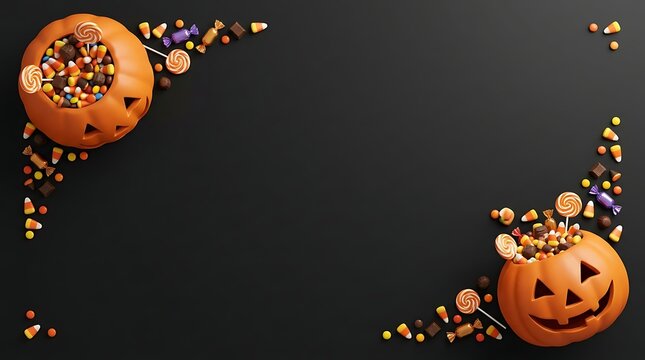 Halloween jackolantern pumpkins filled with candy and sweets on a black background