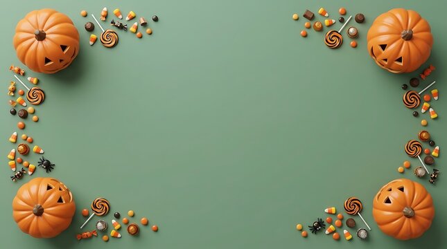 Halloween background with pumpkins, lollipops, candy corn, and spiders arranged in corners on a sage green surface, top view with copy space for text