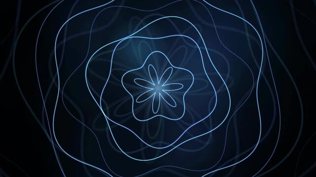 Abstract blue glowing neon lines forming a symmetrical floral geometric pattern on dark background