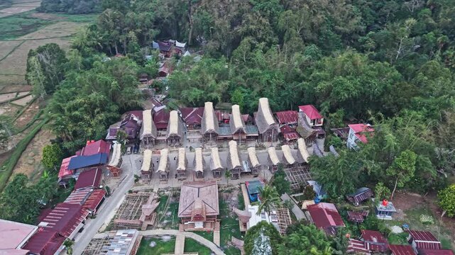 Aerial view of traditional tongkonan houses in tana toraja