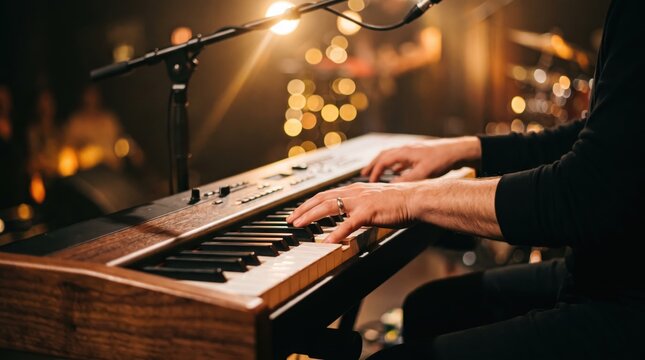 Musician hands playing electronic synthesizer keyboard on stage during live concert performance, shot, warm bokeh lighting, musical instrument, audio production, artist performing