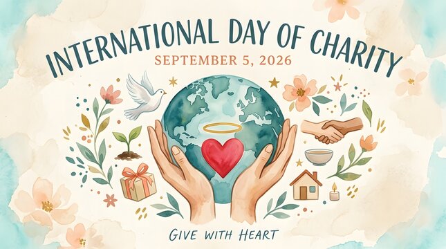 Watercolor illustration depicts earth held by hands with charitable symbols