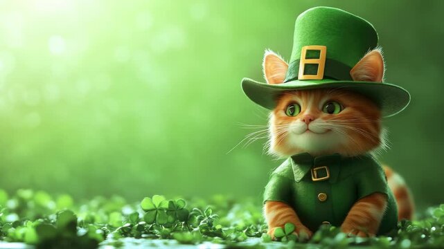 Cute 3D Animated Kitten Wearing a St. Patrick's Day Top Hat and Vest