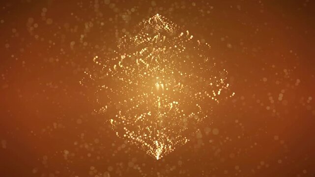 Abstract golden sparkling particles forming a floating diamond shape on a dark brown background