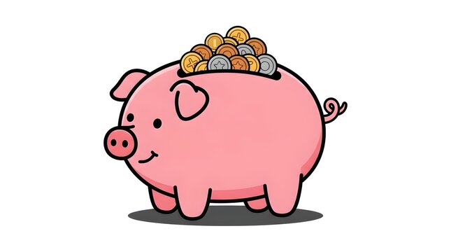 Cute vector illustration of a pink piggy bank overflowing with gold and silver coins. Symbolizes savings, investment, personal finance, wealth, and banking concepts in a fun cartoon style