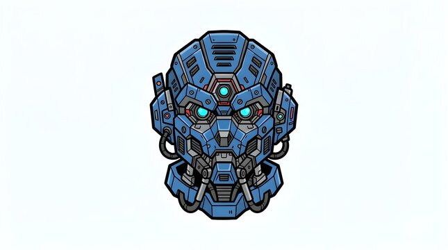 Vector illustration of a futuristic blue mecha robot head with glowing eyes. Detailed sci-fi cyborg helmet design perfect for gaming, artificial intelligence, and cybernetic themes