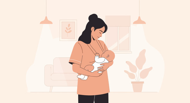 Mother breastfeeding baby, bonding, tender moment, home illustration