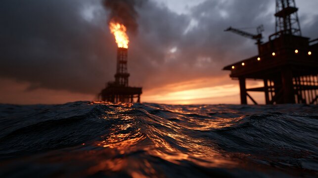 Offshore oil platform with burning flare at sunset from low waterline perspective