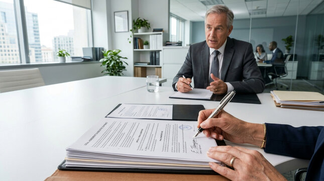 Business meeting: senior executive interviewing candidate, signing contract