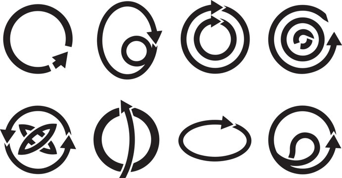 Set of Circular Arrows Vector Icons, Black Round Motion and Cycle Arrow Pointers Isolated