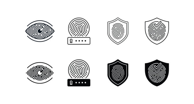 A collection of eight intricate black and white icons representing security identity