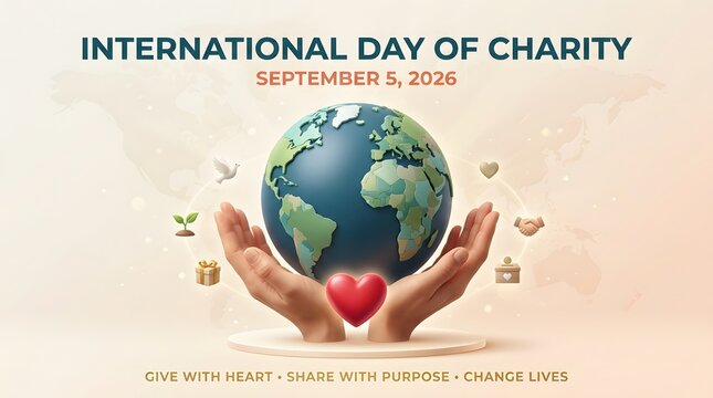 Hands holding earth globe and heart international day of charity illustration