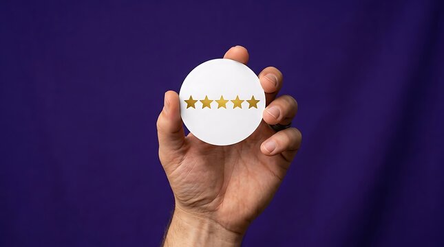 Five star rating symbol held in hand against purple background, gold stars on white circle for customer feedback, premium quality service review icon for business reputation management