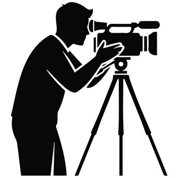 Professional cameraman vector silhouette illustration filming with video camera on tripod stand.