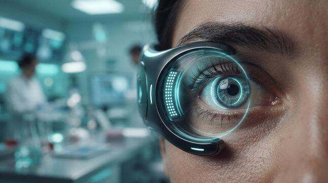 Person wearing futuristic augmented reality glasses in laboratory setting