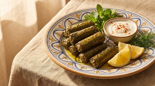 Stuffed grape leaves dolma served with lemon and yogurt sauce on a decorative plate. Hebrew cuisine recipes