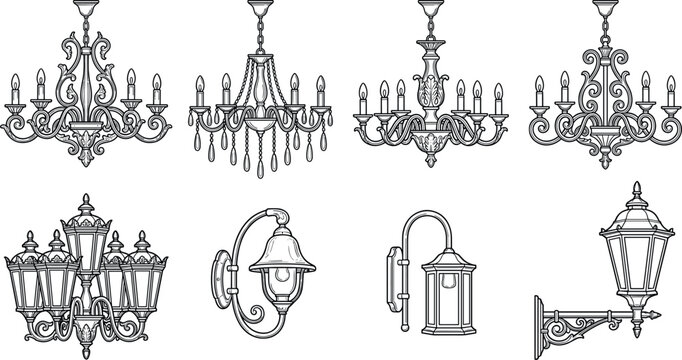 Classic luxury vintage chandelier and antique wall lantern sconce lamp vector icon set in hand drawn black outline style on white background