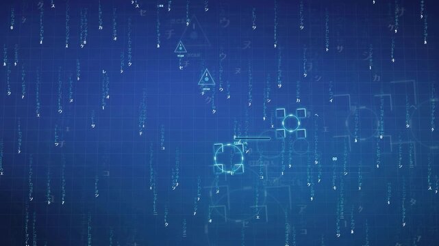 Abstract digital data stream with floating holographic interface elements on a dark blue background