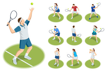 Fototapeta premium Isometric tennis player set with male and female athletes in match, serve and training poses