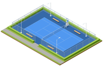 Fototapeta premium Isometric outdoor tennis court with net, umpire chair and benches for sports facility and recreation