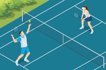 Fototapeta premium Isometric tennis match with male player serving and female opponent receiving on outdoor court