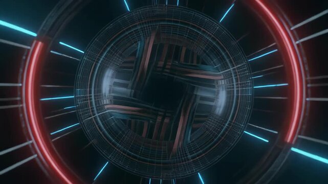 Abstract digital vortex with geometric lines and circular patterns in dark tones