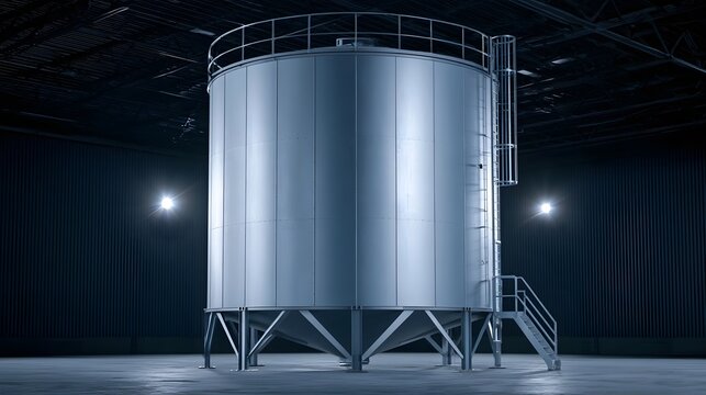 Large cylindrical metal storage tank with ladder and platform inside a dark industrial warehouse under spotlights