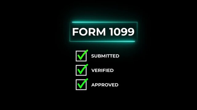 neon glowing checking tick mark off form 1099 submission status.4k motion graphics video