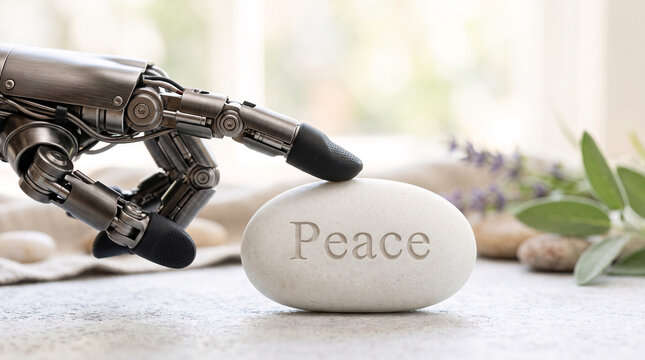 Robotic hand gently touching stone with the word peace