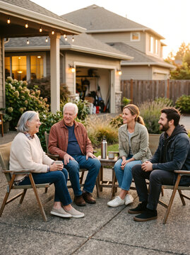 Family gathering in a backyard at dusk with a suburban home and string lights
