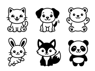 Fototapeta premium Set of cute animal characters in flat black and white vector line art style