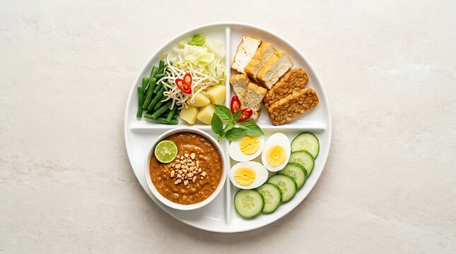 Healthy gado gado indonesian salad plate with peanut sauce boiled eggs and fresh vegetables. Basic Indonesian Dish