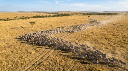 Naklejka premium Zebras migrating across the savanna
