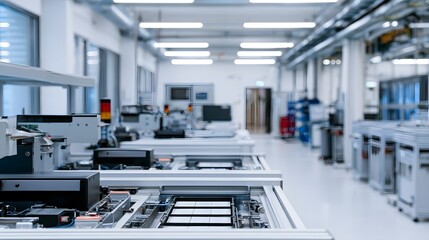 Fototapeta premium Modern industrial facility with organized hinery and clean lighting highlighting battery components in a technical workspace