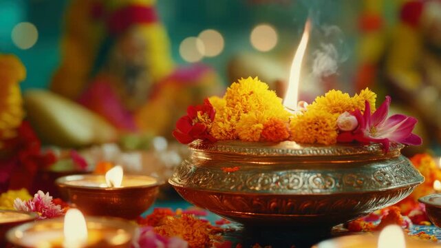 Brass bowl with marigolds and a lit diya for traditional Indian festivals